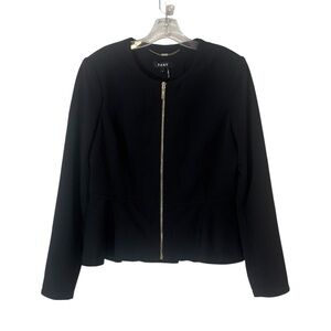 DKNY Black Women's Peplum Blazer Jacket Collarless Crew Neckline Gold Front Zip